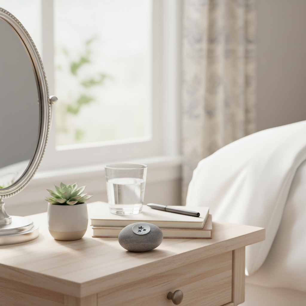 Shine meditation stone on bedside table for daily affirmations