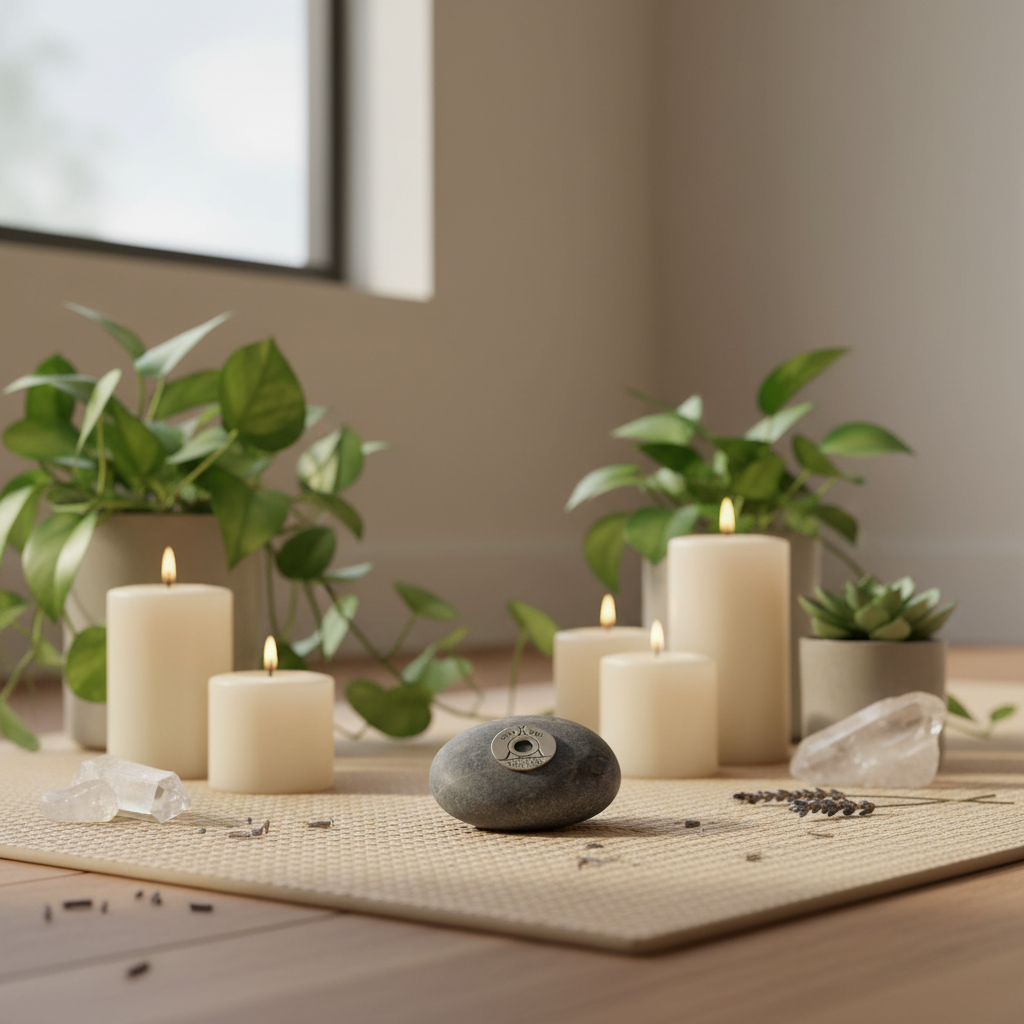 Your Vibe Attracts Your Tribe meditation stone in peaceful meditation space with clear text