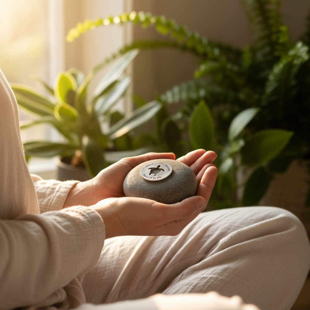 Hands holding Pause Breath Take it Slow meditation stone during mindfulness practice