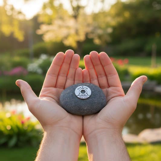 Person holding Your Vibe Attracts Your Tribe meditation stone outdoors with visible engraving
