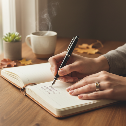 Hand wearing Hearts of Gold KIND heart ring while journaling