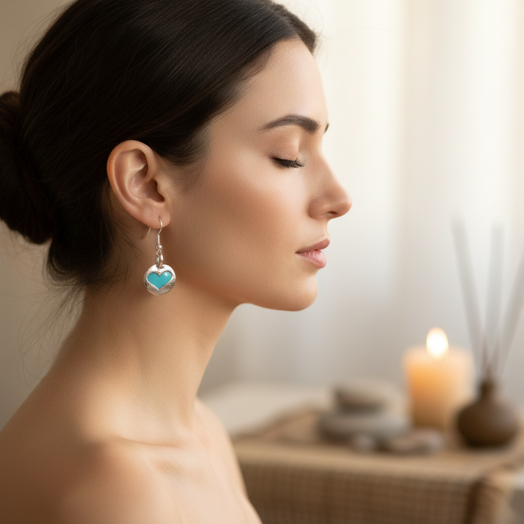 Woman wearing small dangling Peaceful Heart earrings in meditation setting