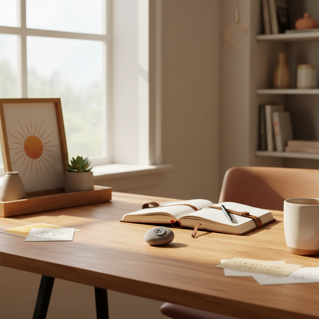 Shine meditation stone on desk with inspirational items