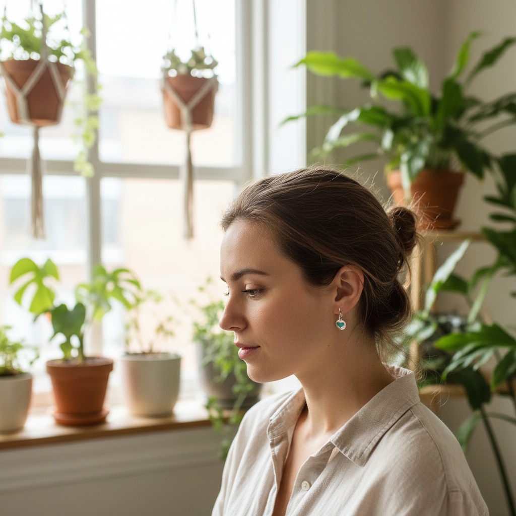 Woman wearing small Peaceful Heart earrings in peaceful home setting