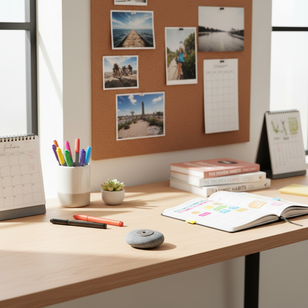 Wish it Dream it Do it meditation stone on desk with vision board and planner