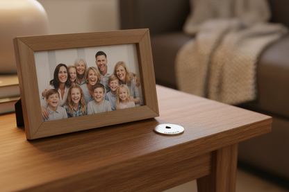 In Loving Memory Charm Flat on Table Next to Family Portrait