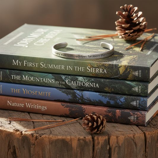 John Muir Nature Cuff on Stack of John Muir Books