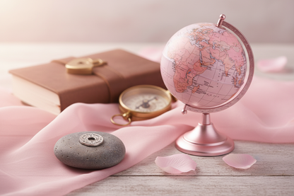 Let Your Heart Be Your Compass meditation stone next to pink globe