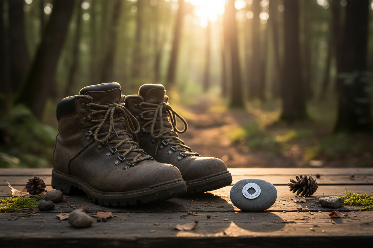 Life is a Journey meditation stone next to hiking boots