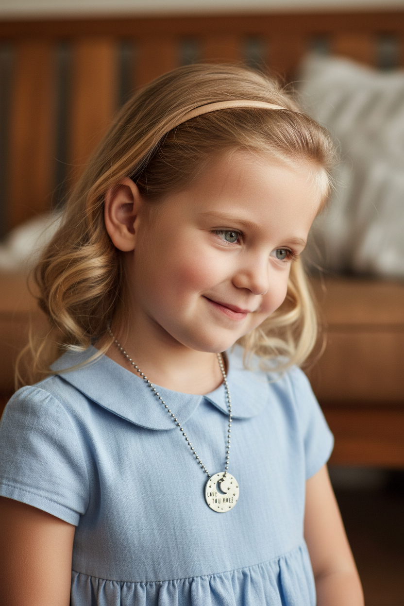 Little Girl Wearing To The Moon & Back Necklace