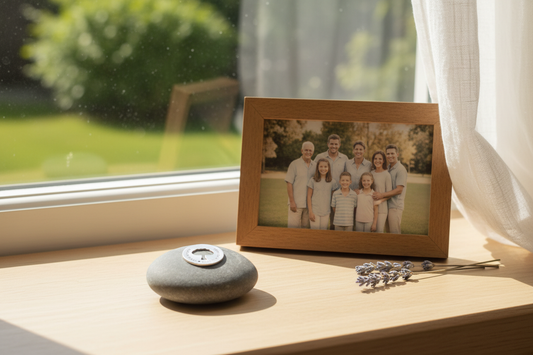 Near or Apart meditation stone by window with family photo