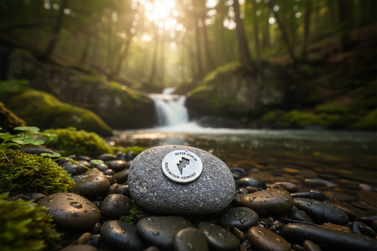 Never Give Up meditation stone in inspiring setting