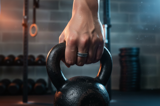 Never Give Up ring on female athlete's hand