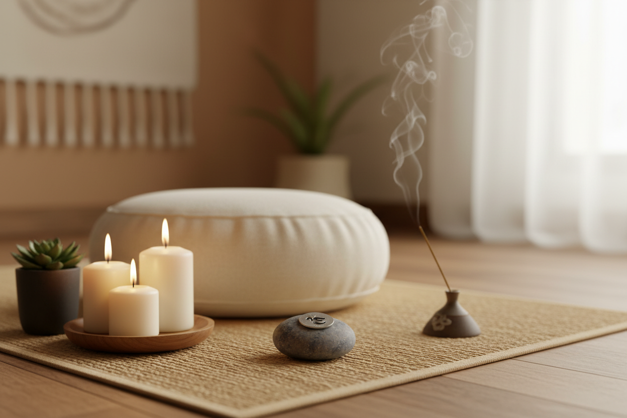 OM meditation stone in meditation setting