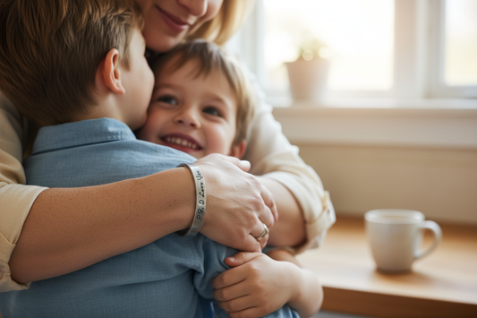 P.S. I Love You cuff bracelet on mom's wrist