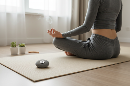 Peace of Mind meditation stone near person doing yoga