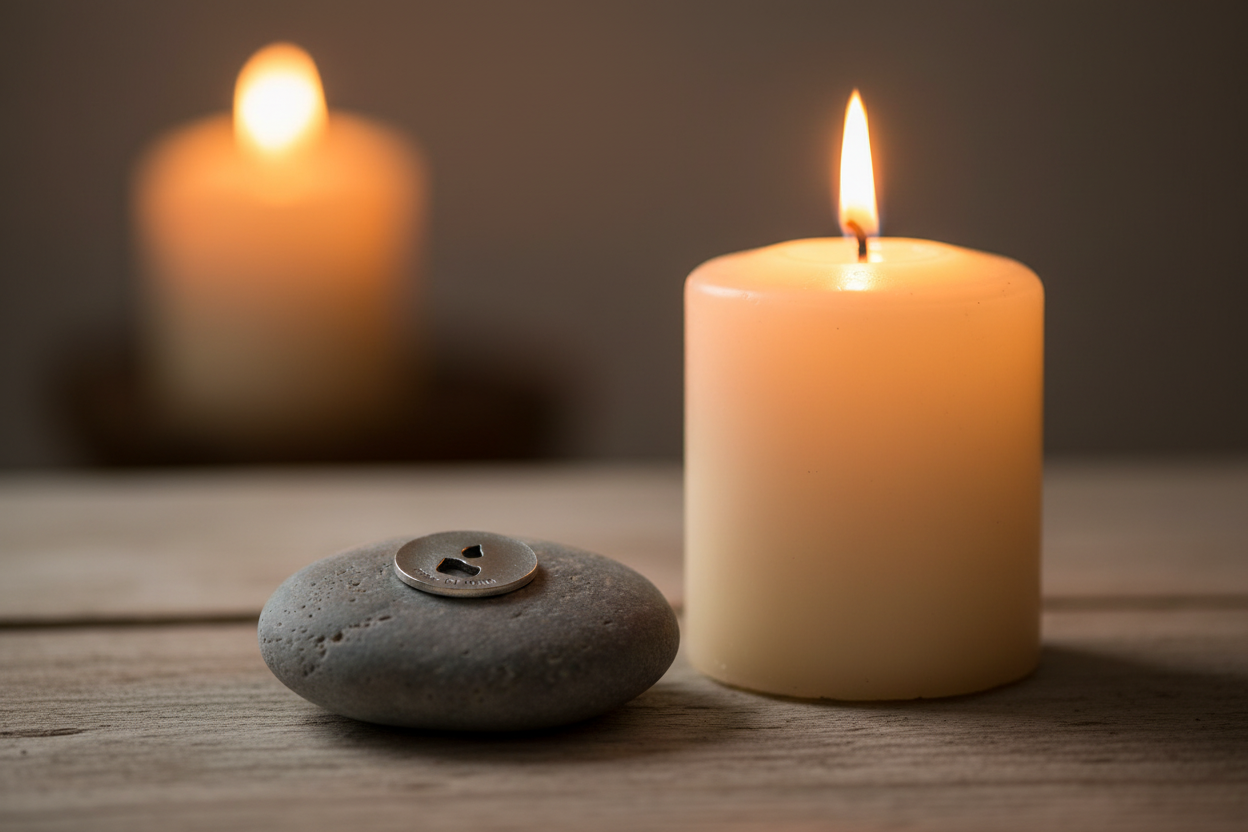 Peace of Mind meditation stone next to candle