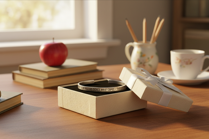 Pewter cuff bracelet in open gift box on teacher's desk