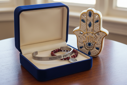 Protect This Woman slim cuff and Hamsa bead bracelet in gift box with Hamsa statue