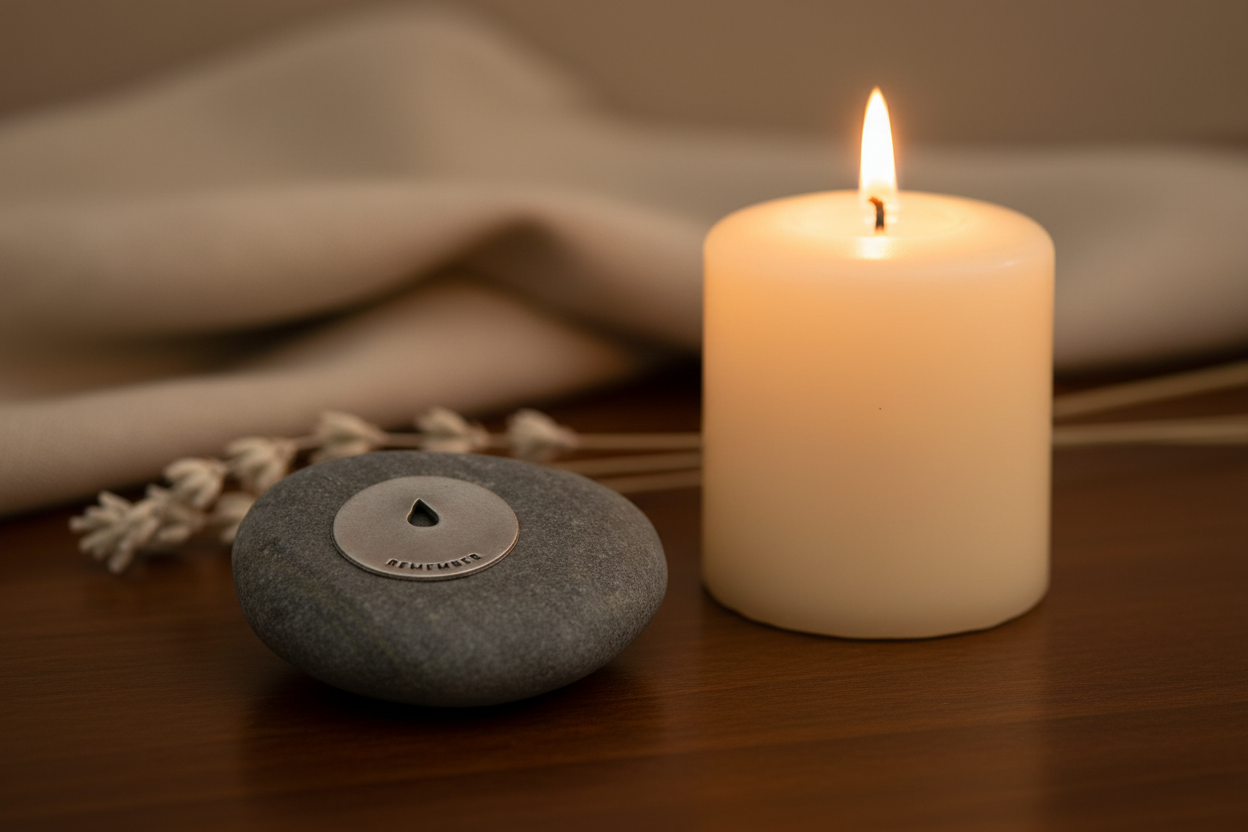Remember meditation stone next to candle with better lighting