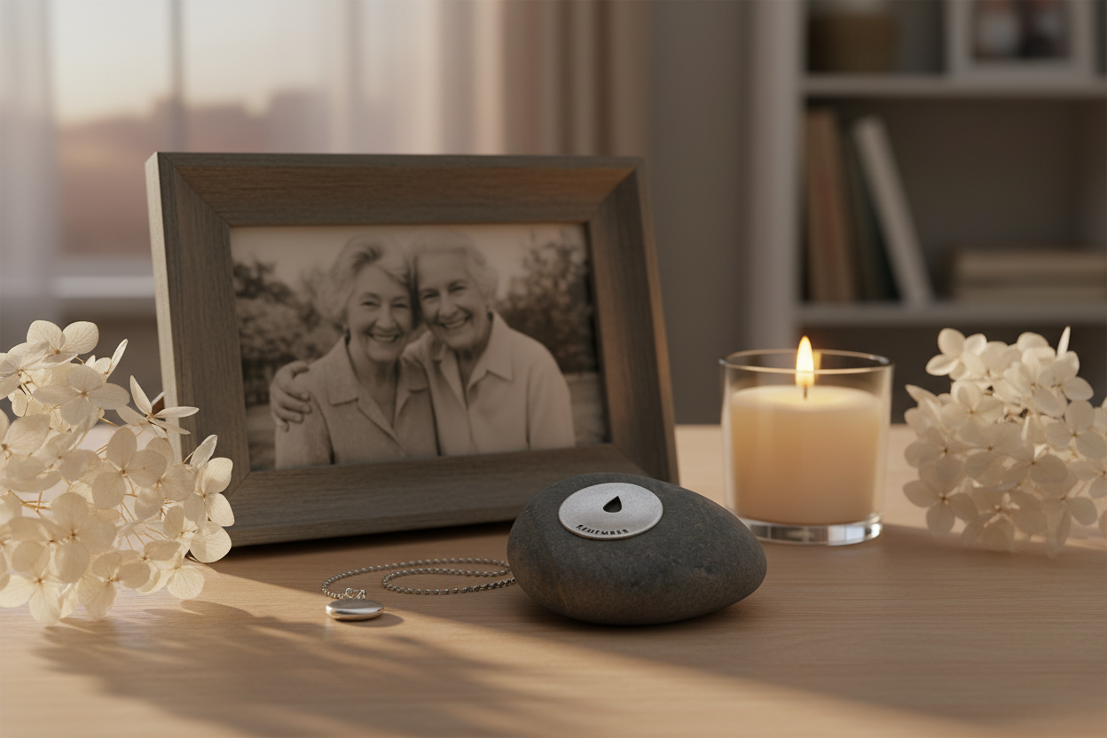 Remember meditation stone with teardrop in heartfelt setting