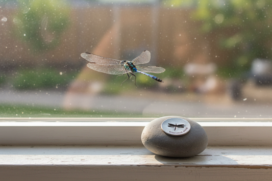 Remember When dragonfly meditation stone on window sill with dragonfly outside