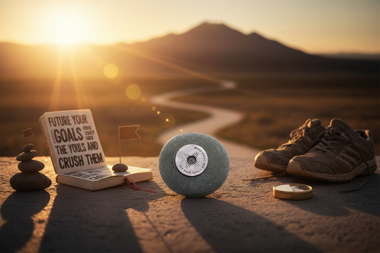 Set Your Goals and Crush Them meditation stone in motivational setting