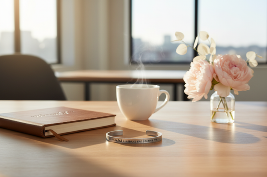 She Needed a Hero cuff bracelet with matte pewter finish on empowered woman's desk