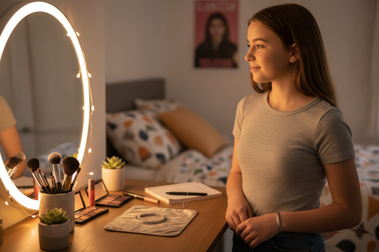 Single cuff bracelet front face on vanity with teen girl looking in mirror