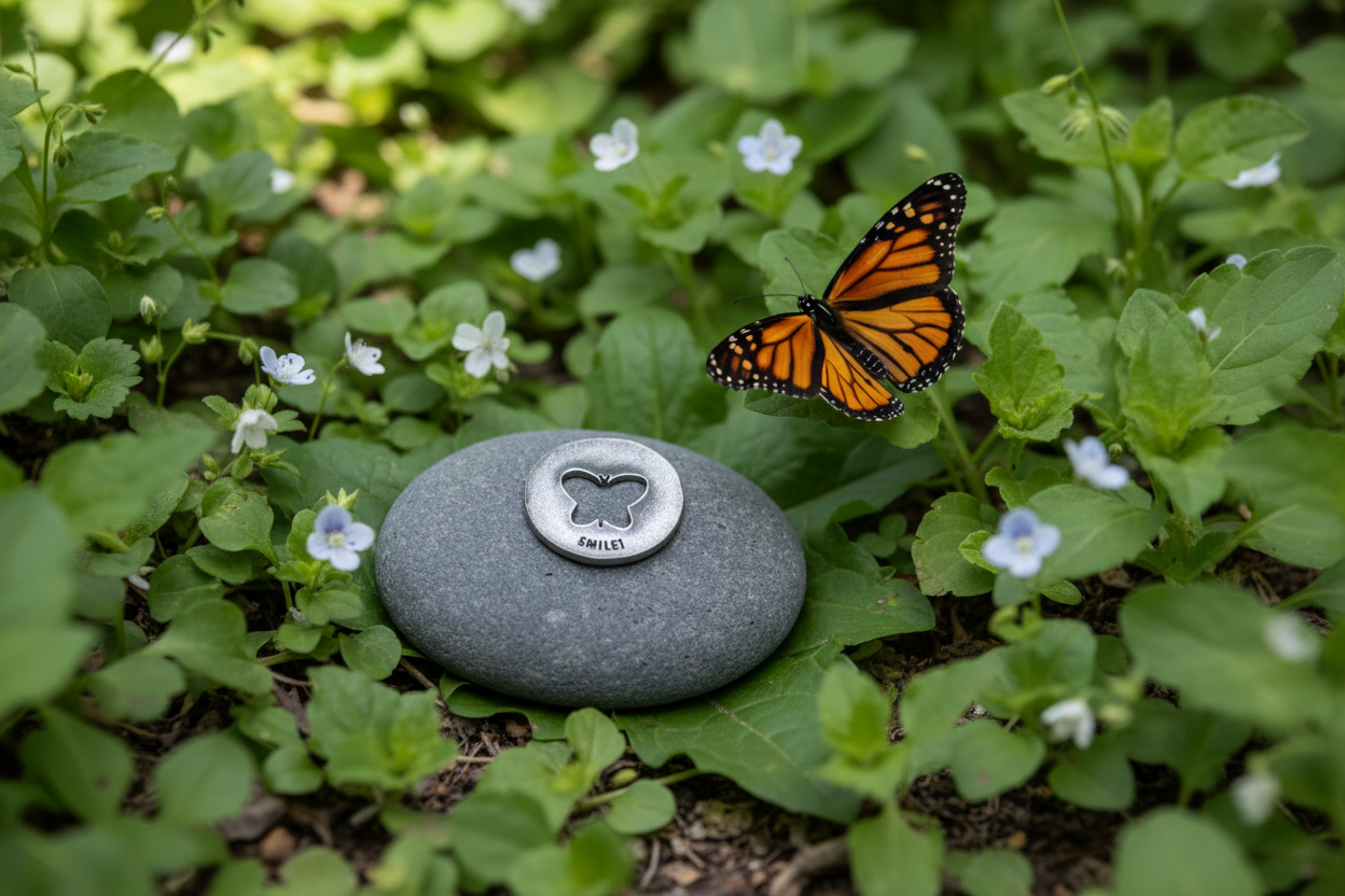Smile meditation stone with butterfly in realistic garden
