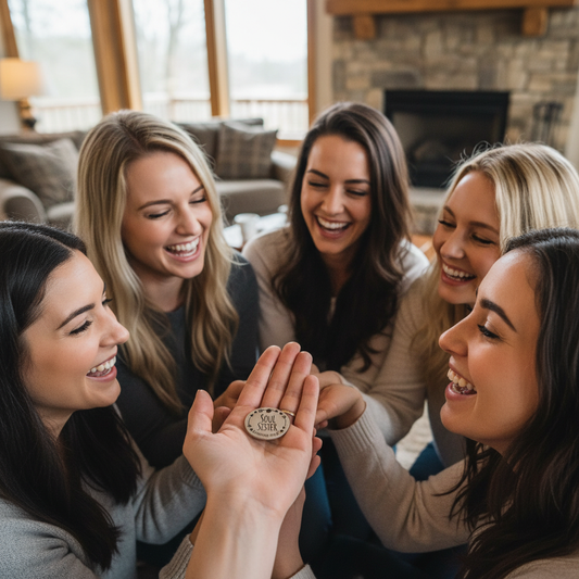 Soul Sister charm at quarter size in woman's palm with friends
