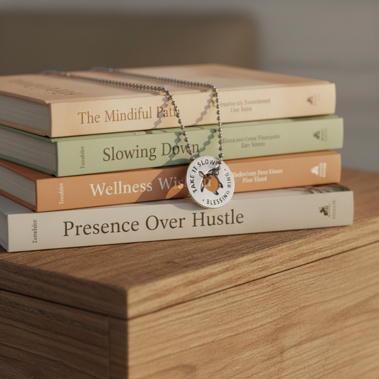 Take It Slow Blessing Ring Necklace over Stack of Books