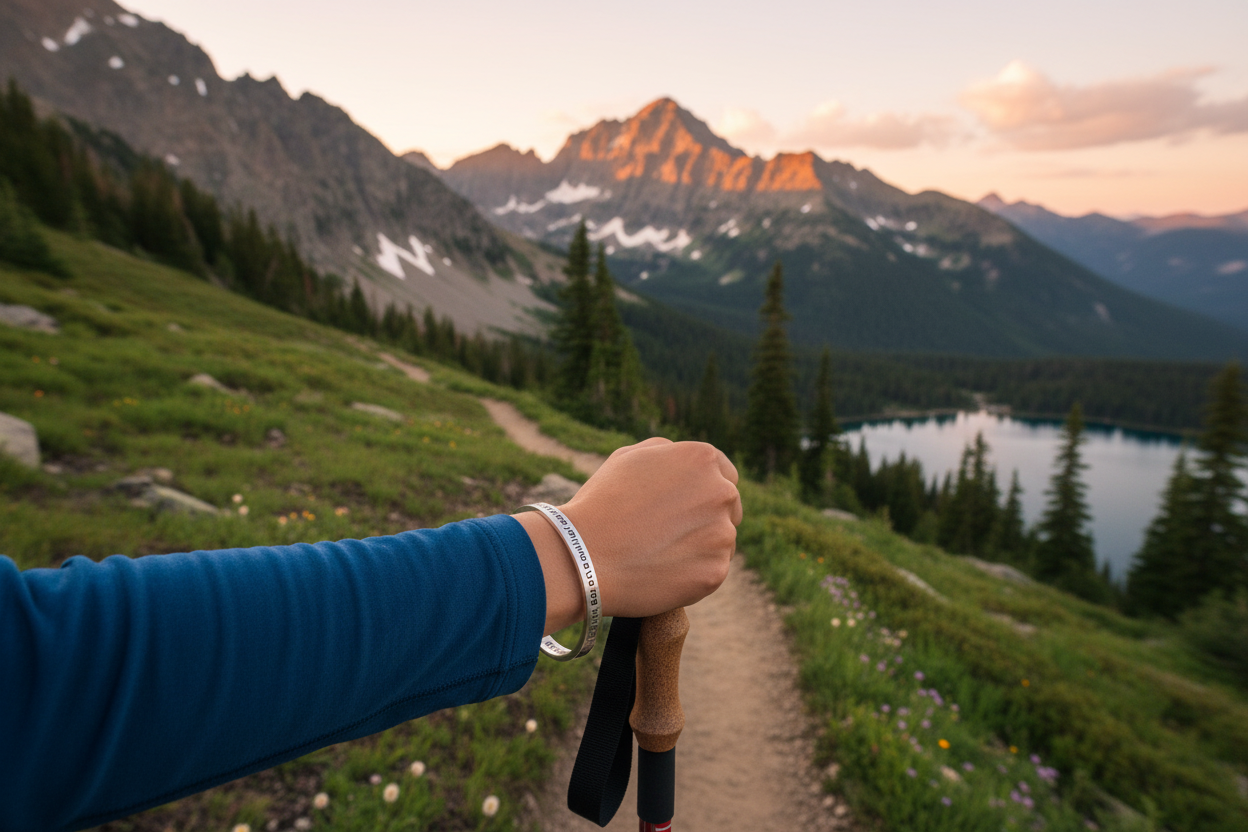 The Mountains Are Calling cuff on female hiker using actual product image