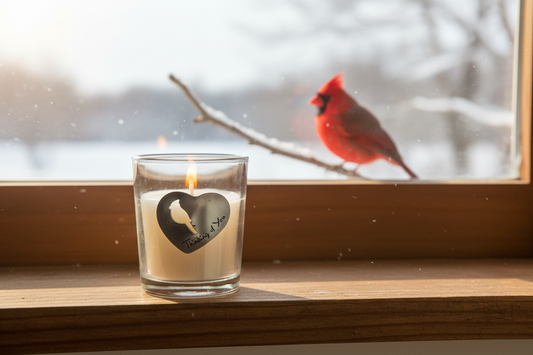 Thinking of You votive candle with cardinal outside window