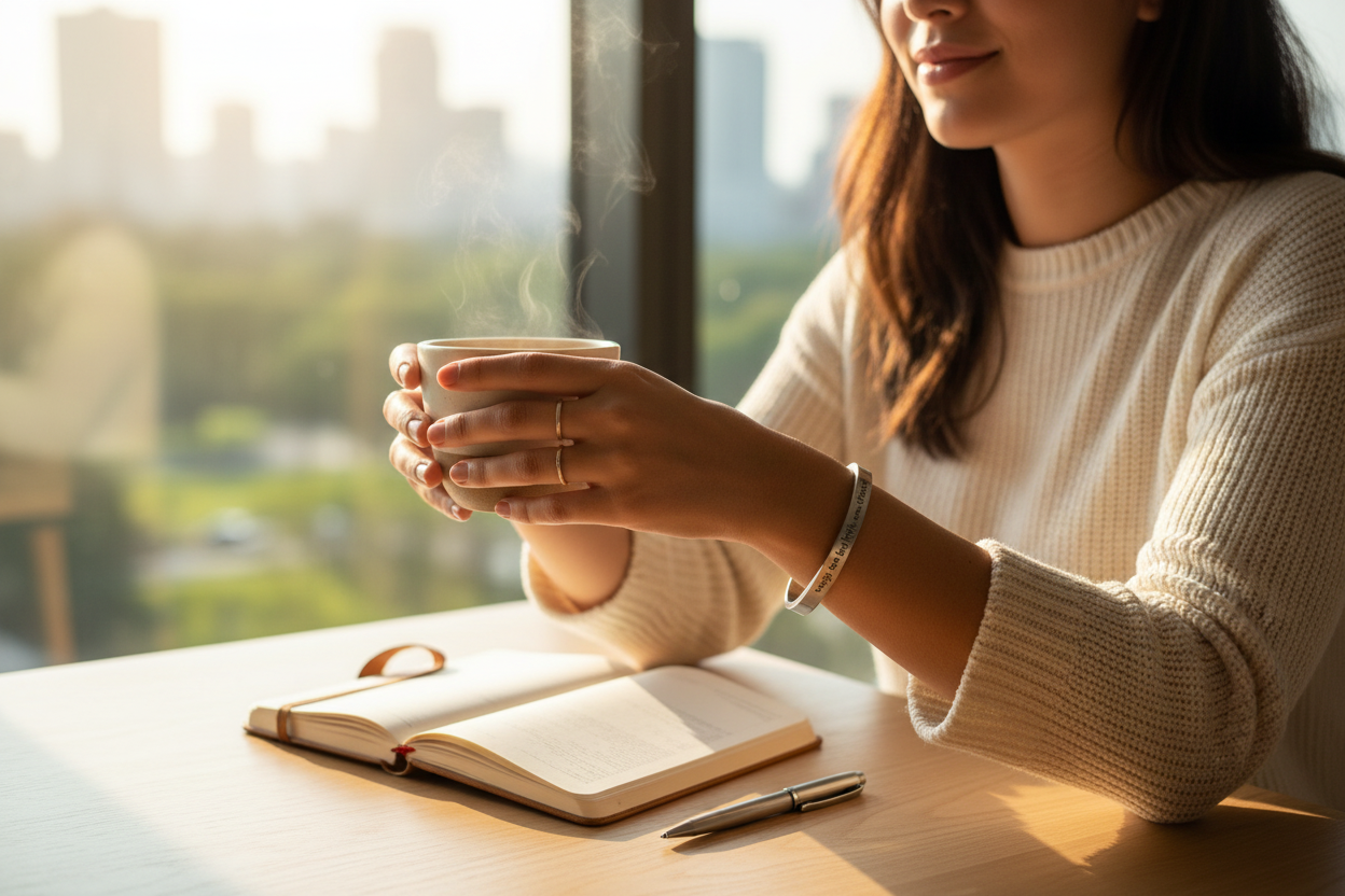Though She Be But Little She Is Fierce cuff worn on wrist in empowering lifestyle setting