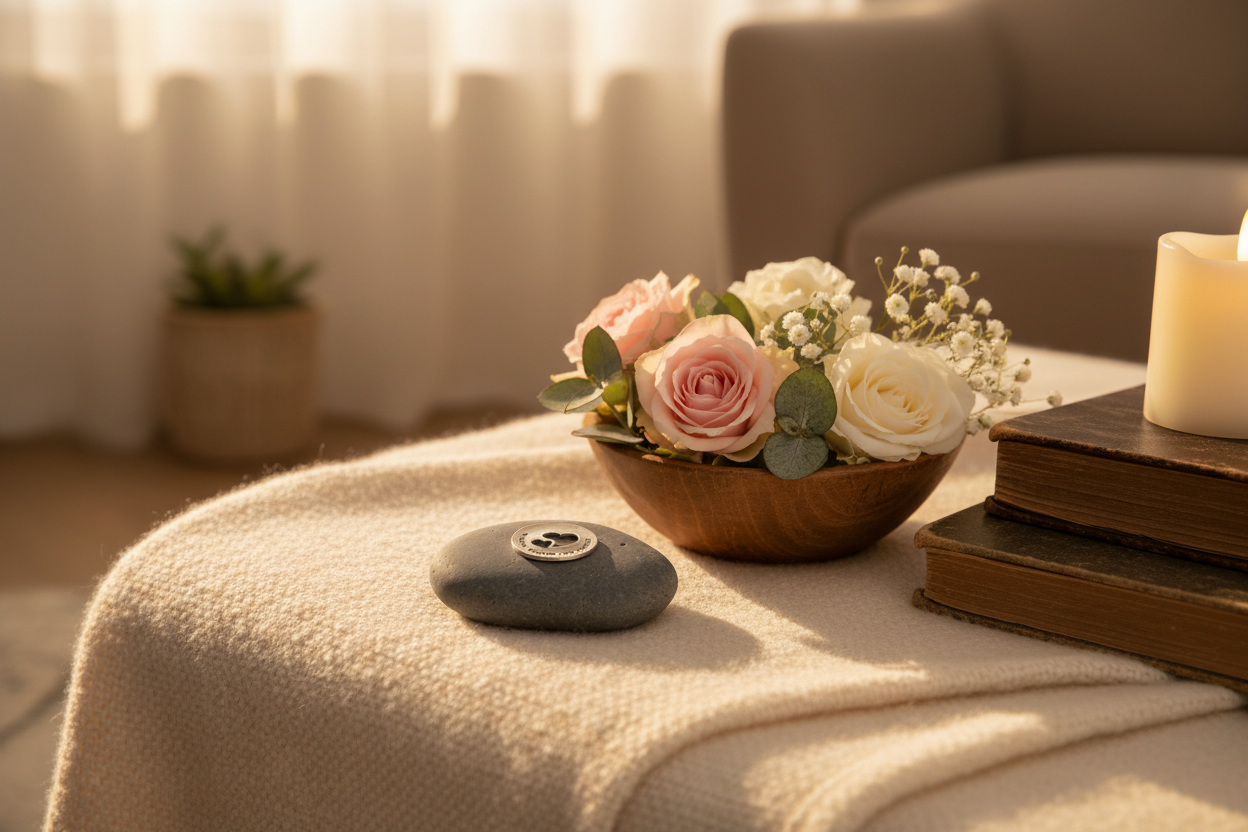 To Guide Nurture Protect meditation stone in loving setting