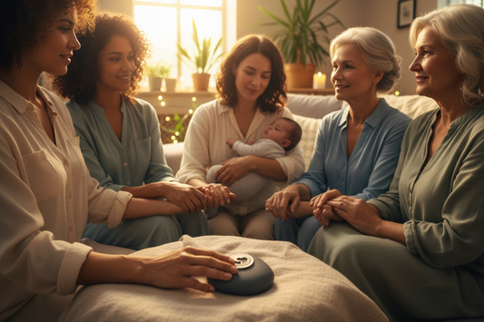 To Guide Nurture Protect meditation stone with group of women