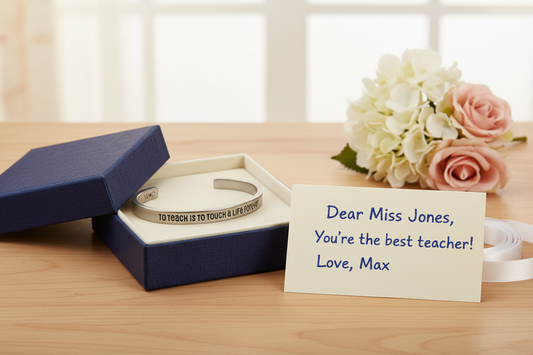 To Teach is to Touch a Life Forever cuff in gift box with handwritten note from Max to Miss Jones