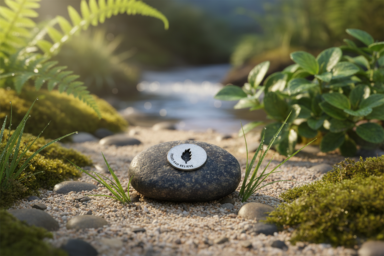 Trust and Believe meditation stone in peaceful setting
