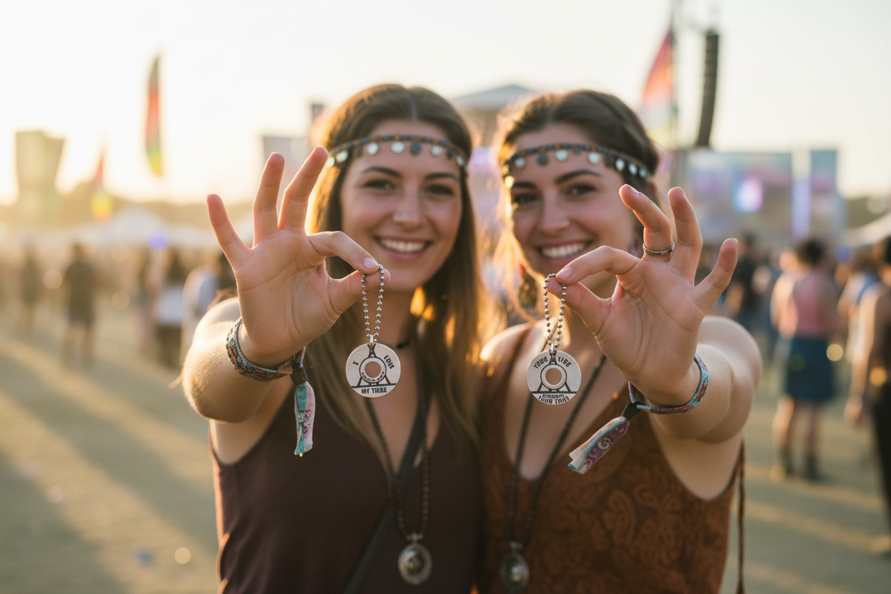Two Festival Women Each Holding One Tribe Charm