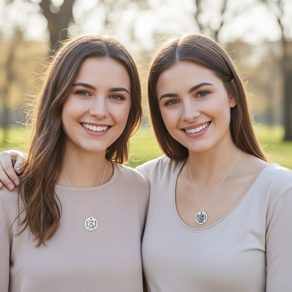 Two girls wearing quarter-sized I Can and I Will charms