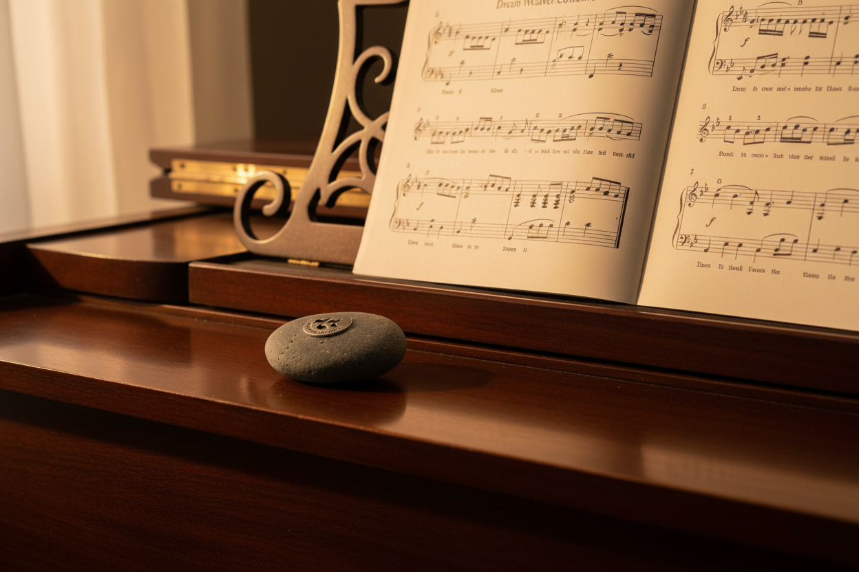 Universal Language meditation stone on top of piano