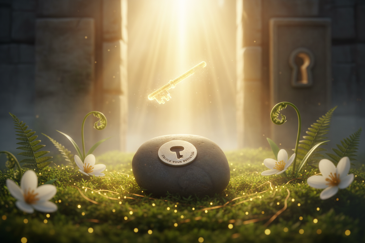 Unlock Your Potential meditation stone in empowering setting