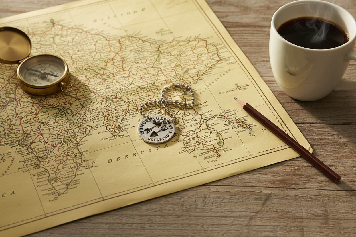 Wanderlust Charm on Map Flat Lay