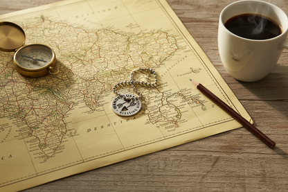 Wanderlust Charm on Map Flat Lay
