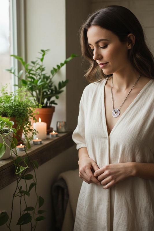Woman wearing Healing Blessing Ring necklace in healing setting