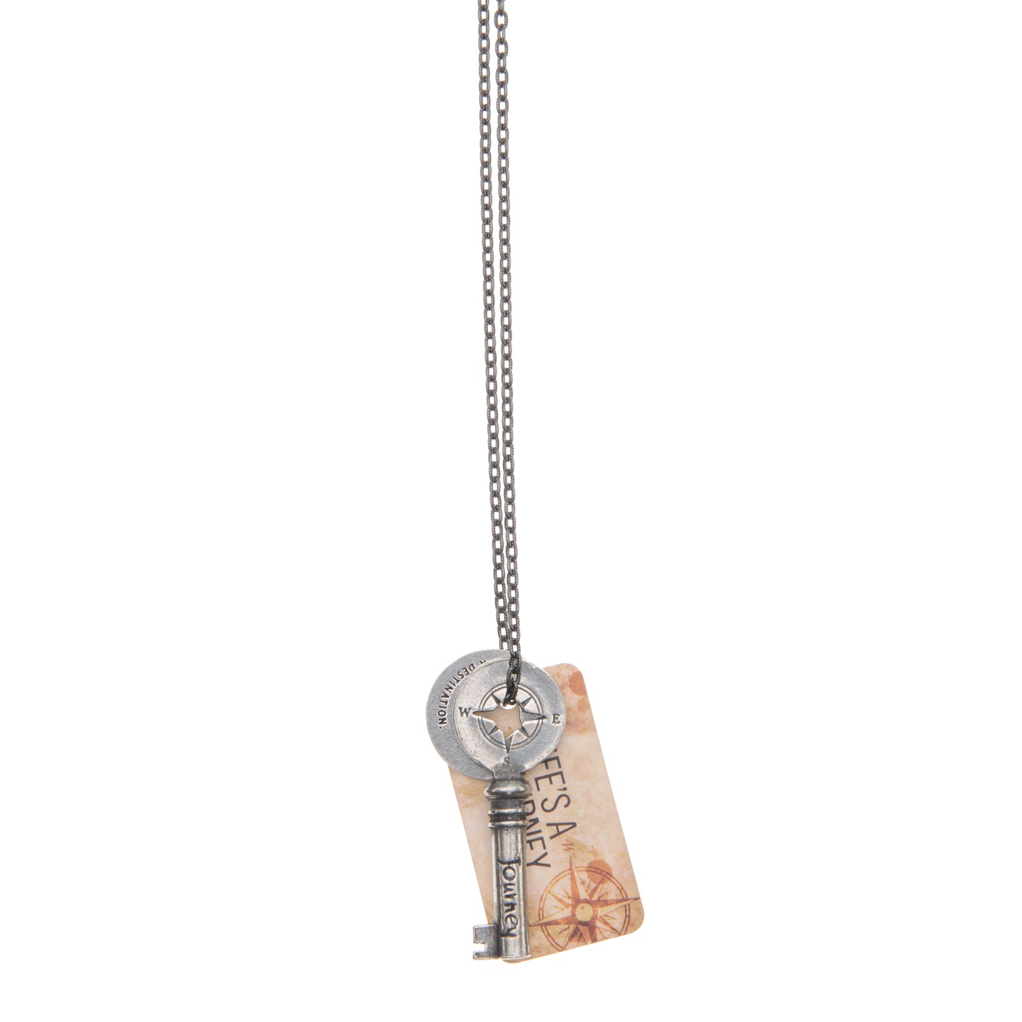Dangling Journey Key Charm on ball chain with backer card