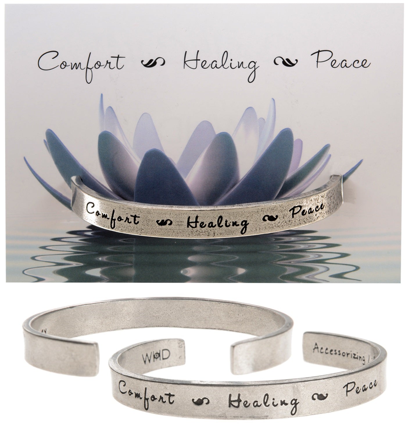 Comfort-Healing-Peace Quotable Cuff Bracelet with backer card