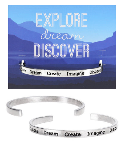 Explore-Dream-Create Imagine Discover Quotable Cuff Bracelet with backer card