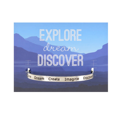 Explore-Dream-Create Imagine Discover Quotable Cuff Bracelet on backer card